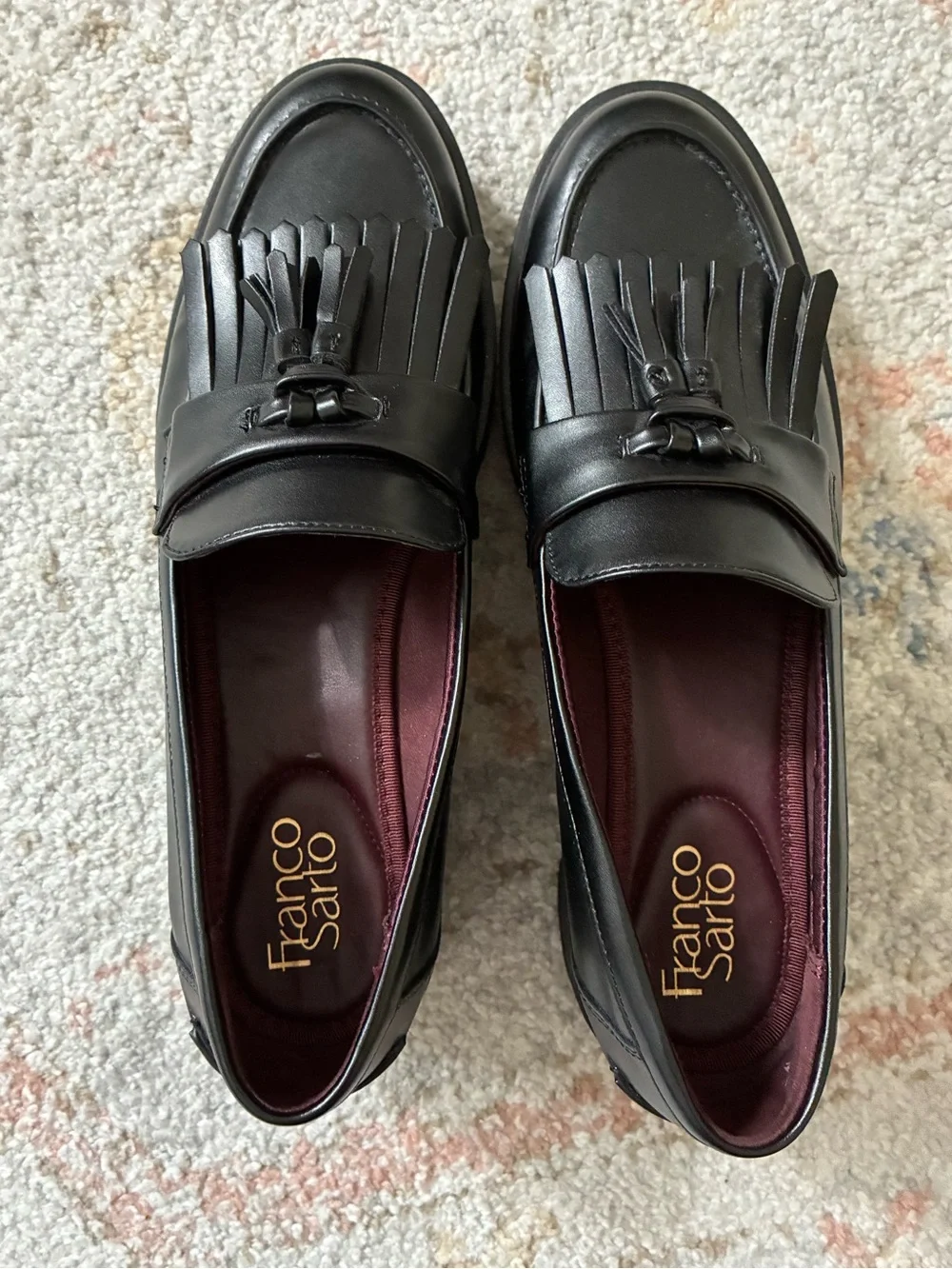 Franco Sarto Black Tassel Kiltie Lug Sole Loafers Size 9